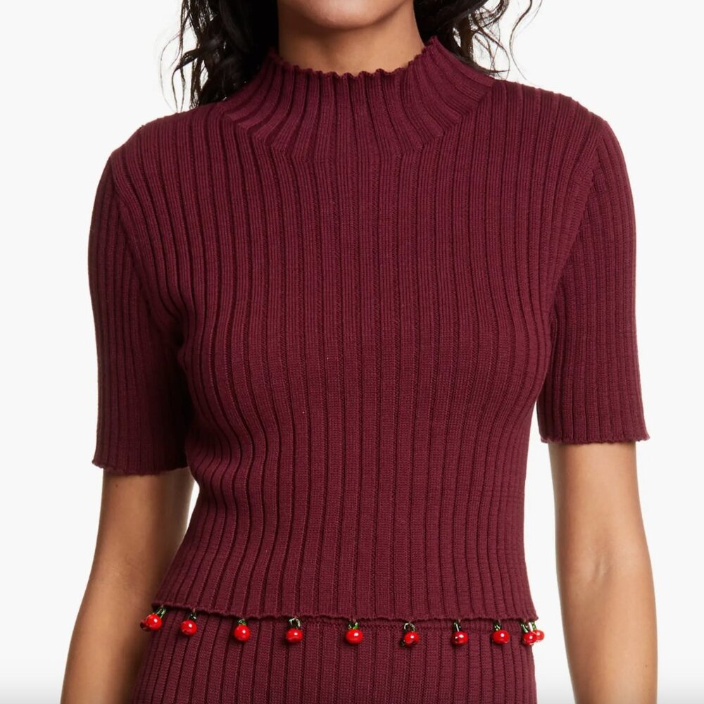 STAUD Tropicana Sweater Knit Rib Midi Beaded Short Sleeve Mock Neck Top